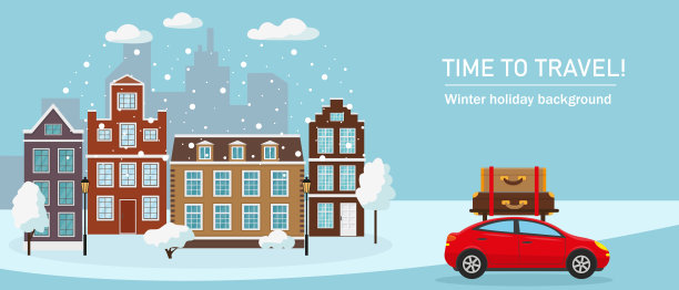 冬季雪城景观和车手提箱。旅行的概念或背景。矢量插图。图片下载