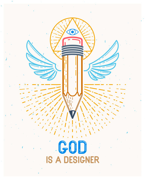 上帝是一个设计师的概念，铅笔上有翅膀，上帝的眼睛都在神圣的几何三角形中，上帝是一个艺术家，矢量标志或图标在时尚的线性风格。图片下载