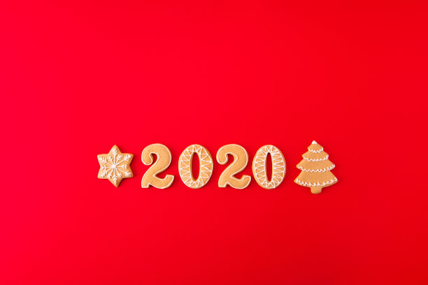 上面的高角度视图照片的创造性组成的姜饼饼干圣诞树雪花字2020圣诞庆祝lay孤立在明亮的颜色背景图片下载