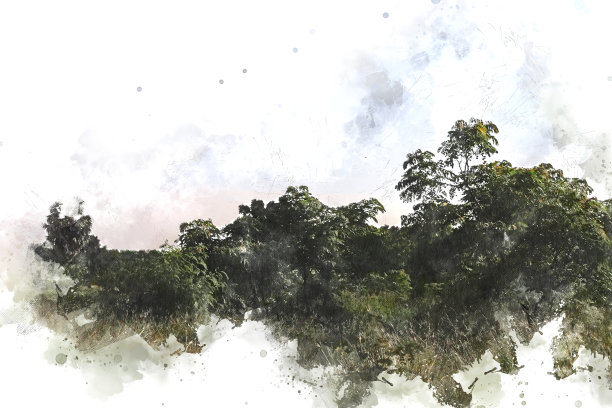 抽象彩色形状上的树和田野风景水彩插图绘画背景。图片下载