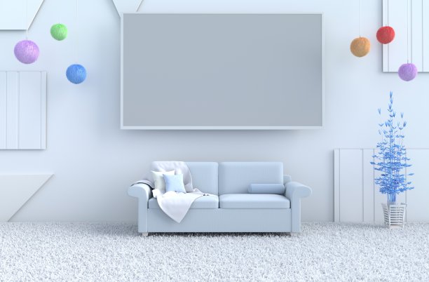 白色客厅装饰以淡蓝色沙发，彩色全灯，白色木墙，枕头，地毯。圣诞节和新年。3 d渲染。图片下载