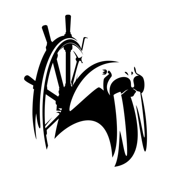 野生海象头和船舶方向盘黑白矢量设计图片下载