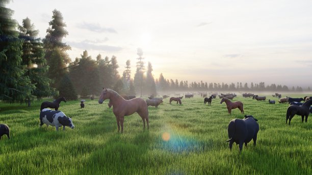 动物农场。在绿色草地上吃草的动物。农场和宠物。畜牧业与自然。三维渲染图片下载