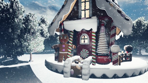 圣诞节被雪施了魔法的森林和一个姜饼人在仙人的房子。圣诞和新年3D渲染。图片下载