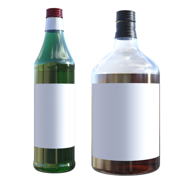 一对酒精瓶与空白标签隔离在白色，3d渲染。图片下载