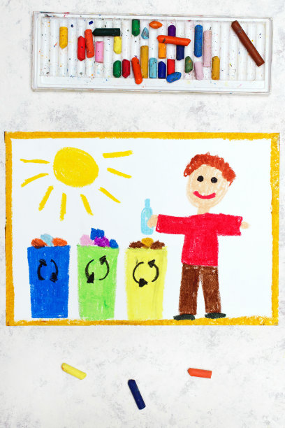 彩色图画图片:废物分类。微笑的男孩把他们的垃圾分类到不同颜色的垃圾桶里。垃圾分类来保护地球图片下载