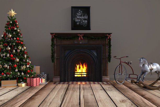 美丽的圣诞场景与壁炉，圣诞树与礼物和古董玩具，3d渲染。图片下载