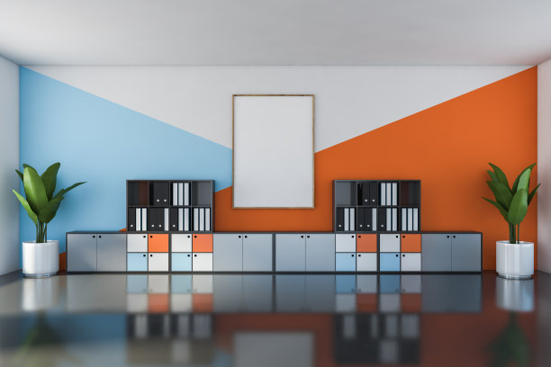 蓝色和橙色的办公室，有书柜和海报图片下载