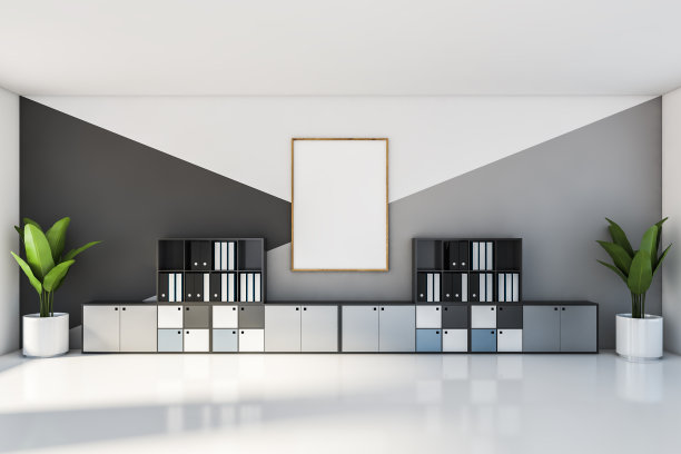 白色和灰色的办公室，书柜和海报图片下载