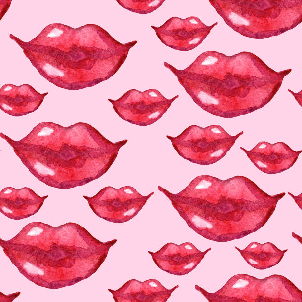 水彩插画粉色口红女人嘴唇无缝图案图片下载
