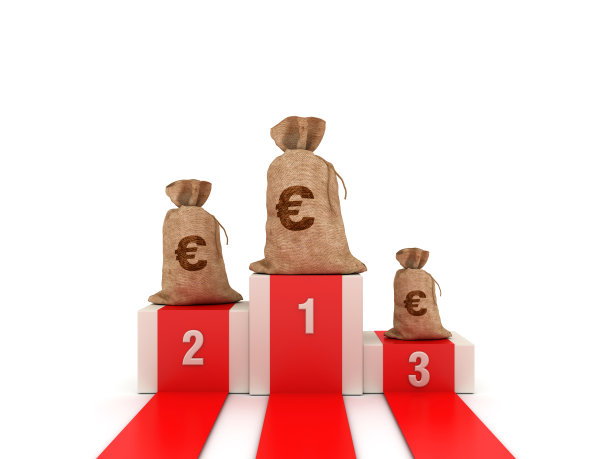 领奖台与欧元钱袋- 3D渲染图片下载