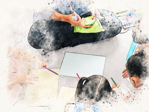 小朋友们在假期周末学习绘画，以水彩插画为背景。图片下载