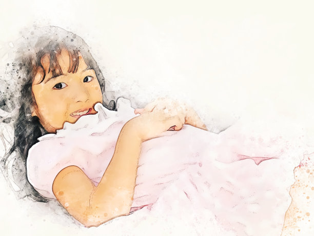 美丽的亚洲小孩女孩微笑肖像和旅游的夏季周末在城市的水彩插图绘画背景。图片下载