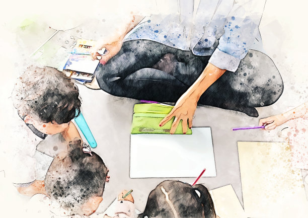 小朋友们在假期周末学习绘画，以水彩插画为背景。图片下载