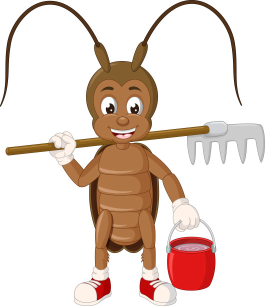 有趣的棕色蟑螂地面叉和红桶卡通图片下载