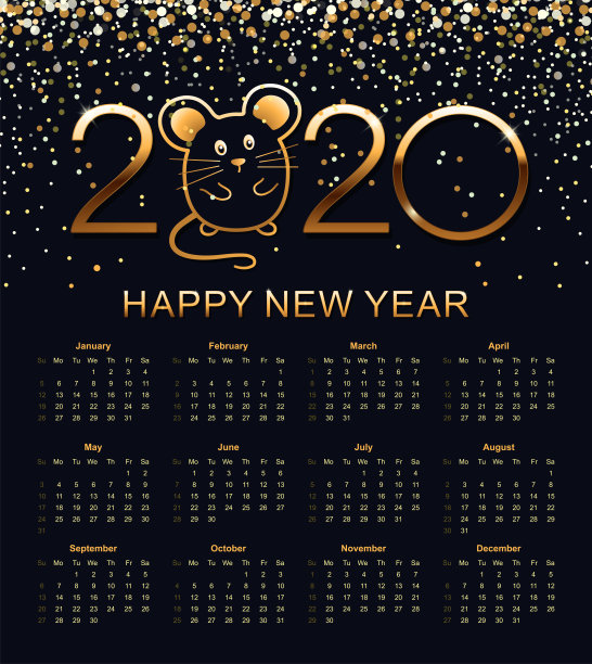 2020年日历。一周从星期天开始。图片下载