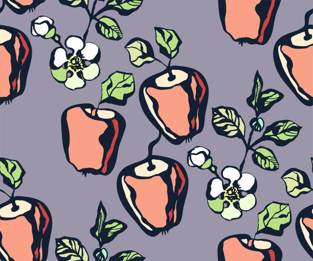 无缝花图案与苹果和花。装饰装饰背景。矢量模式。印刷纺织品，布料，墙纸，剪贴簿图片下载