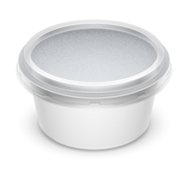 圆形塑料容器的3D插图与箔和透明盖子隔离在白色的背景。图片下载