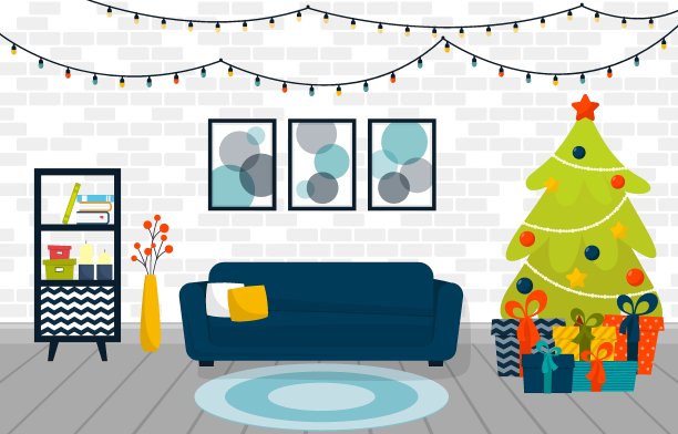 挂着礼物和花环的圣诞树挂在客厅喜庆的室内。矢量图图片下载
