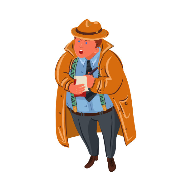 典型的带着笔记本问问题的胖侦探。矢量彩色插图卡通风格。图片下载