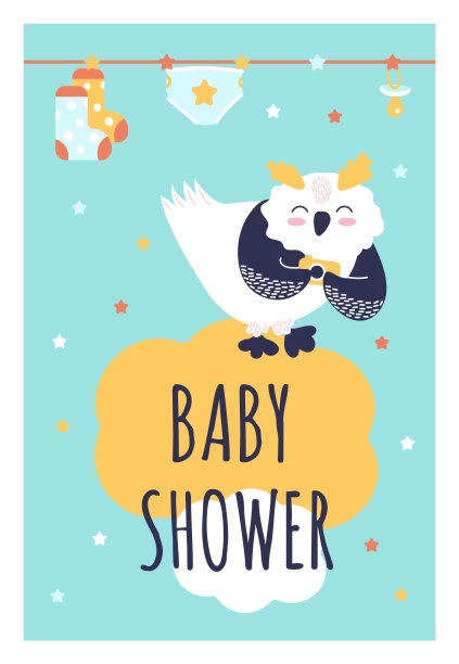 可爱有趣的猫头鹰与不同的幼稚元素。为婴儿送礼会设计模板卡。图片下载