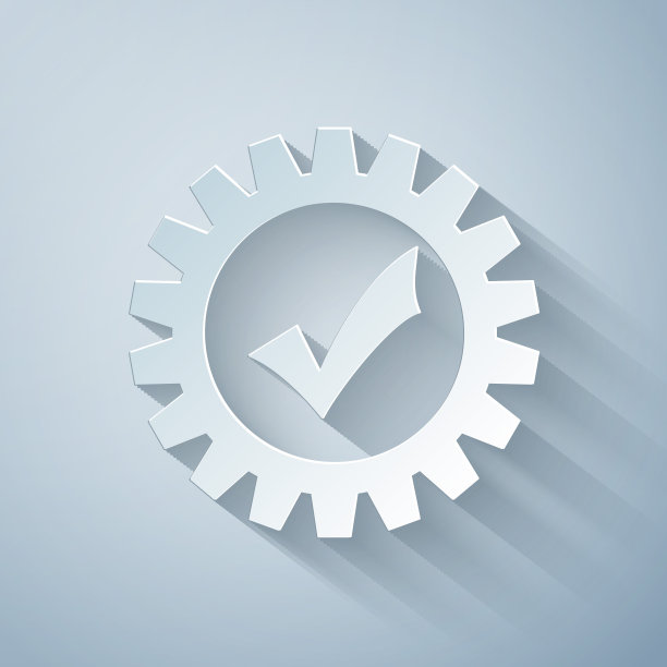 剪纸齿轮与检查标记图标孤立在灰色背景。齿轮简单的图标。通过服务标志。传动旋转机构符号。纸艺术风格。矢量图图片下载