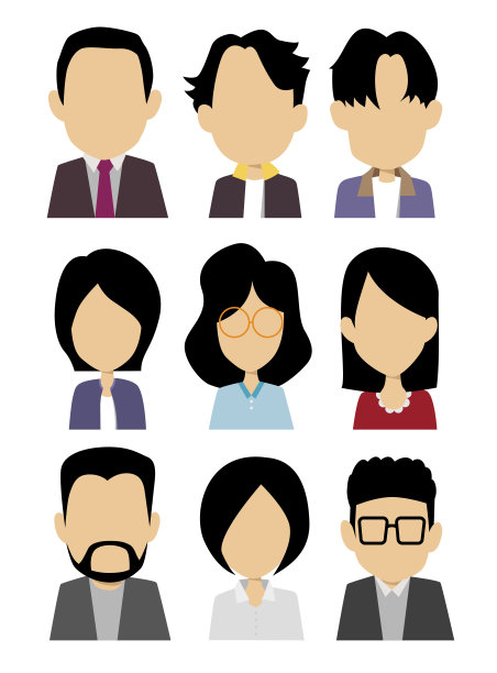 矢量集不同的男性和女性图标在时髦的平底鞋风格。人的头和脸图像收集。图片下载