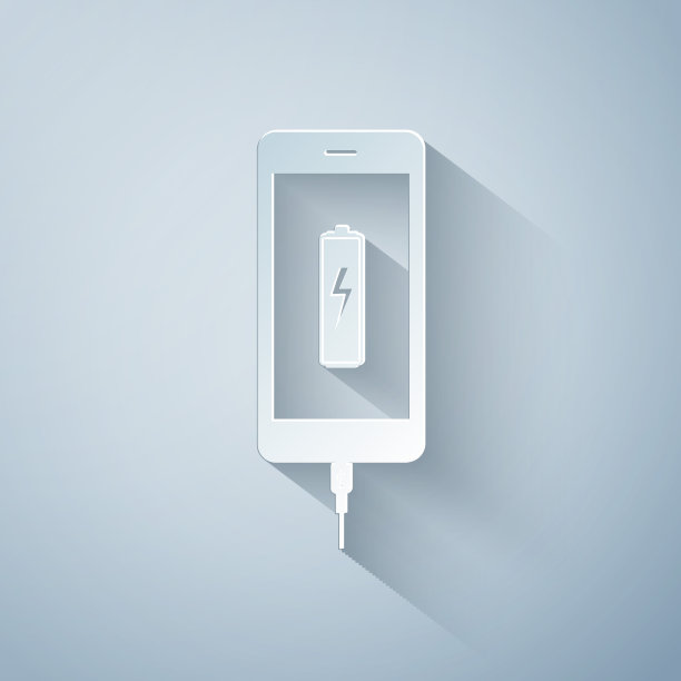 智能手机电池充电图标孤立在灰色背景。低电量且USB连接的手机。纸艺术风格。矢量图图片下载