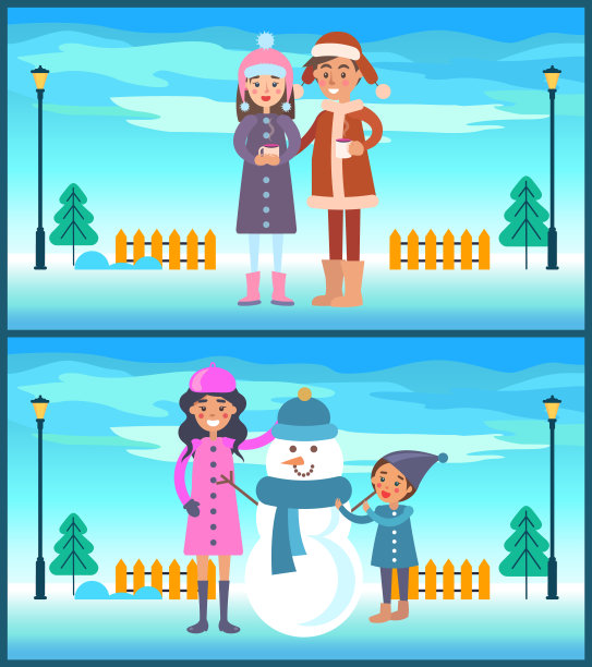 女孩和男孩在温暖的冬天布杯热茶图片下载