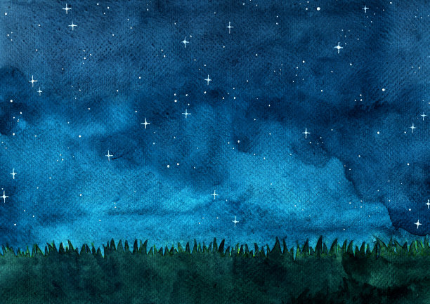 草甸与夜空水彩手绘背景。图片下载