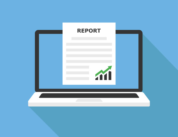 笔记本电脑和纸质报告。孤立的矢量图。平面设计。金融市场矢量图。平面向量。反馈报告的概念。图片下载