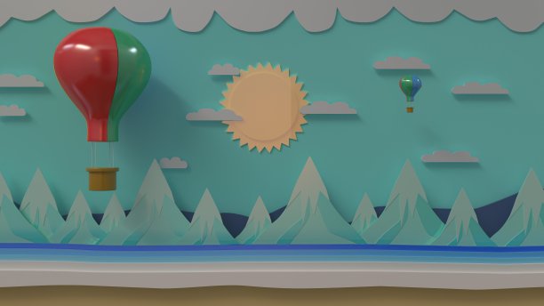 一个气球漂浮在冰山上面。云和太阳，3D剪纸，3D图形插画图片下载