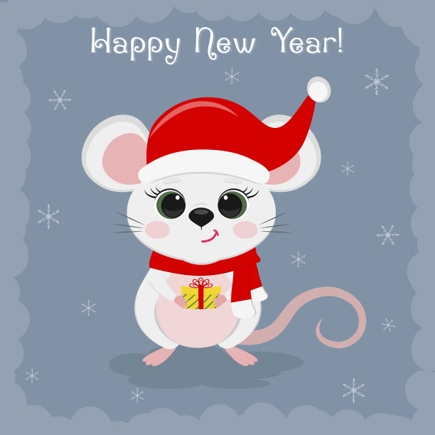 2020年是钢铁鼠年。圣诞快乐;恭贺新禧。可爱的老鼠，一只戴着圣诞帽的老鼠拿着一个蓝色背景的雪花礼物。卡通，平面风格，矢量图片下载