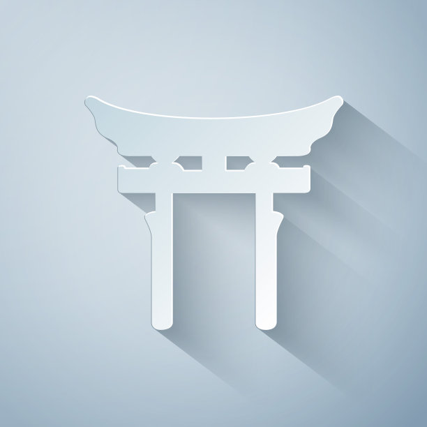剪纸日本门图标孤立在灰色背景。鸟居的迹象。日本传统古典大门符号。纸艺术风格。矢量图图片下载