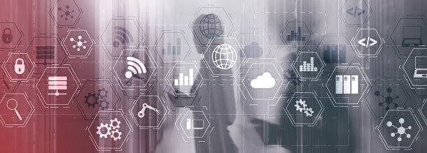 工业技术概念：混合媒体虚拟屏幕，制造无线计算未来技术服务器机房，插画背景图片下载