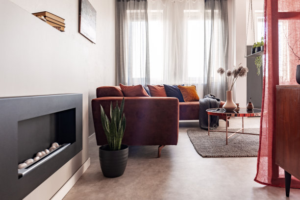 一个生物壁炉的真实照片在一个客厅内部的红色角落沙发，圆形咖啡桌和植物图片下载