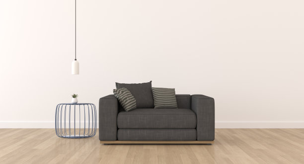 白色墙壁和明亮的层压板地板上的沙发和圆桌客厅空间的观点。以吊灯为主体的室内设计。3 d渲染。图片下载