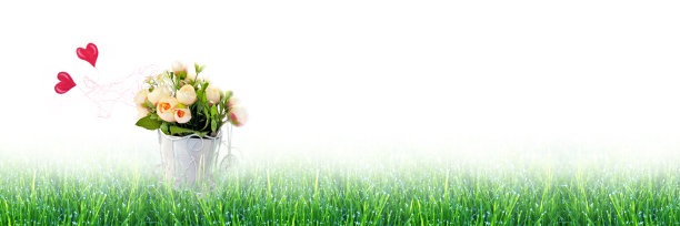 旗帜复古自行车与篮子的粉红色的花和红色心形气球在新鲜的绿色草地上与露珠在光的背景。概念情人节，母亲节，结婚卡图片下载