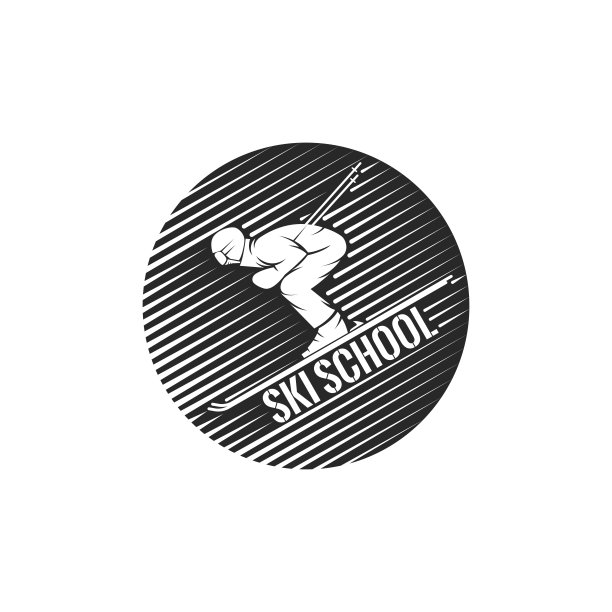 标志滑雪学校，滑雪者从山腰下降冬季运动插图，时尚印花运动服。图片下载