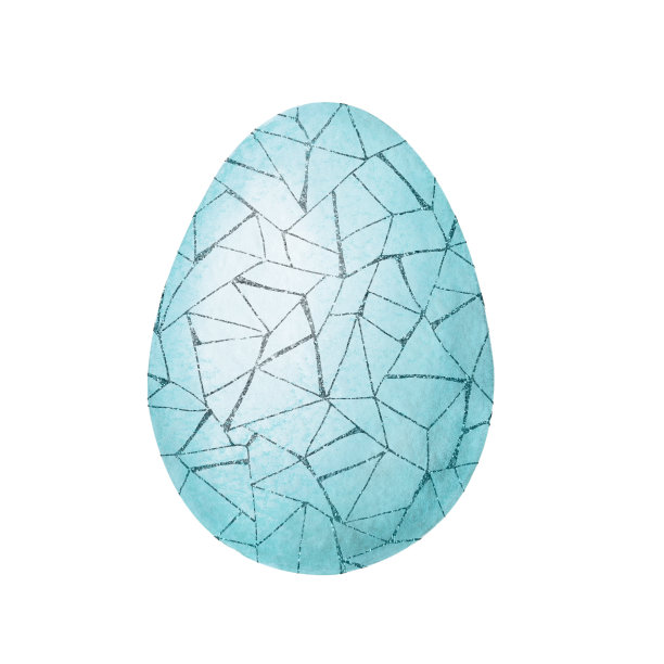 带有银色图案的蓝色彩蛋是复活节产品的特写设计。手绘水彩和图形插图孤立的白色背景。壁纸、包装、包装上的印刷。图片下载