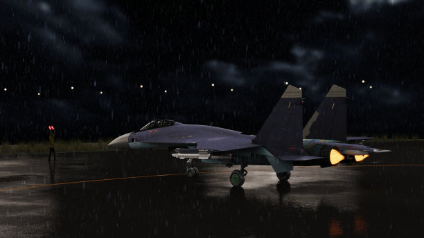俄罗斯喷气式战斗机正驶向跑道，引擎在雨中运行，3d渲染图片下载