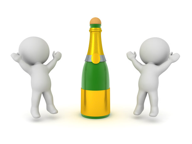 两个3D角色快乐地围绕着香槟酒瓶跳图片下载