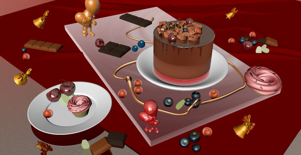 生日蛋糕和生日礼物。三维渲染图片下载