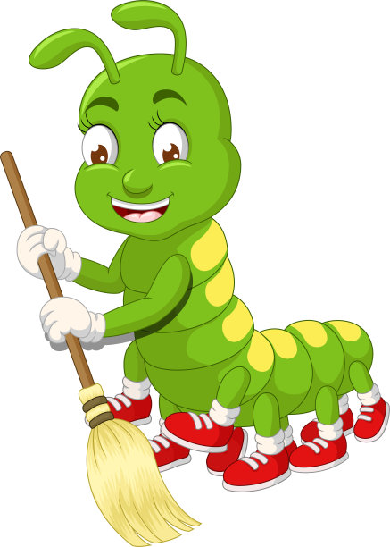 有趣的绿色毛毛虫扫地与棕色扫帚卡通图片下载