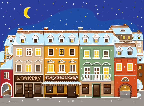 冬之夜好小镇。矢量图图片下载