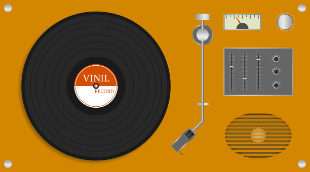 老式的黑胶唱片机。逼真的黄色唱片播放机与音频扬声器和乙烯基唱片。矢量图记录。向量。图片下载