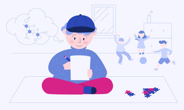 这个患有阿斯伯格综合症的男孩，正在解化学反应方程式，而孩子们在他身后玩球。彩色矢量插图web和打印。图片下载