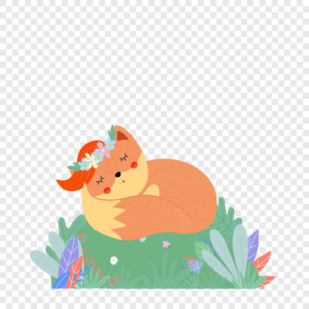 戴着花圈的可爱狐狸睡在绿色的田野上图片下载