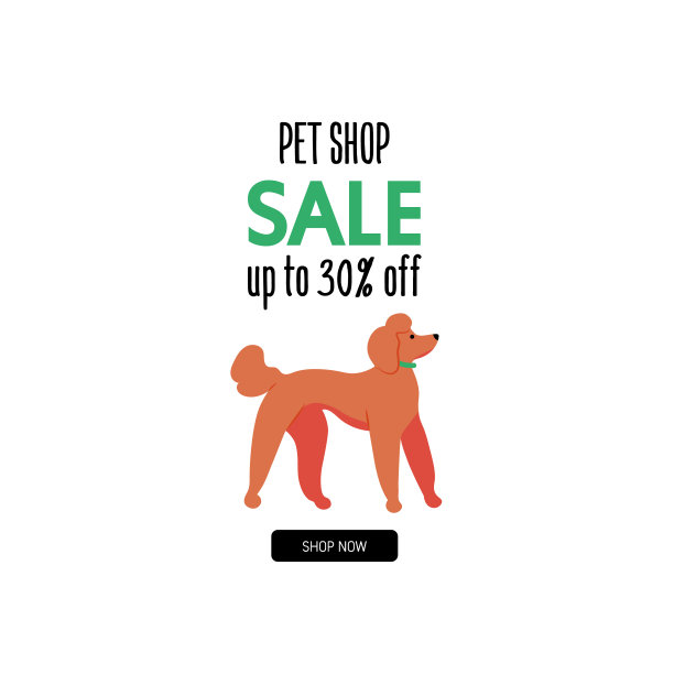 卡通风格的大皇家狮子狗图标。文本“宠物店。出售。最多打七折。”图片下载
