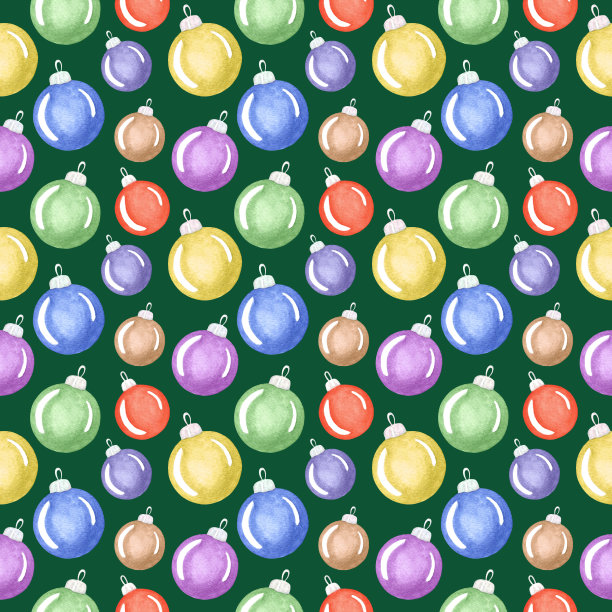 无缝模式与水彩圣诞和新年装饰，球为圣诞树上的绿色背景假日设计图片下载